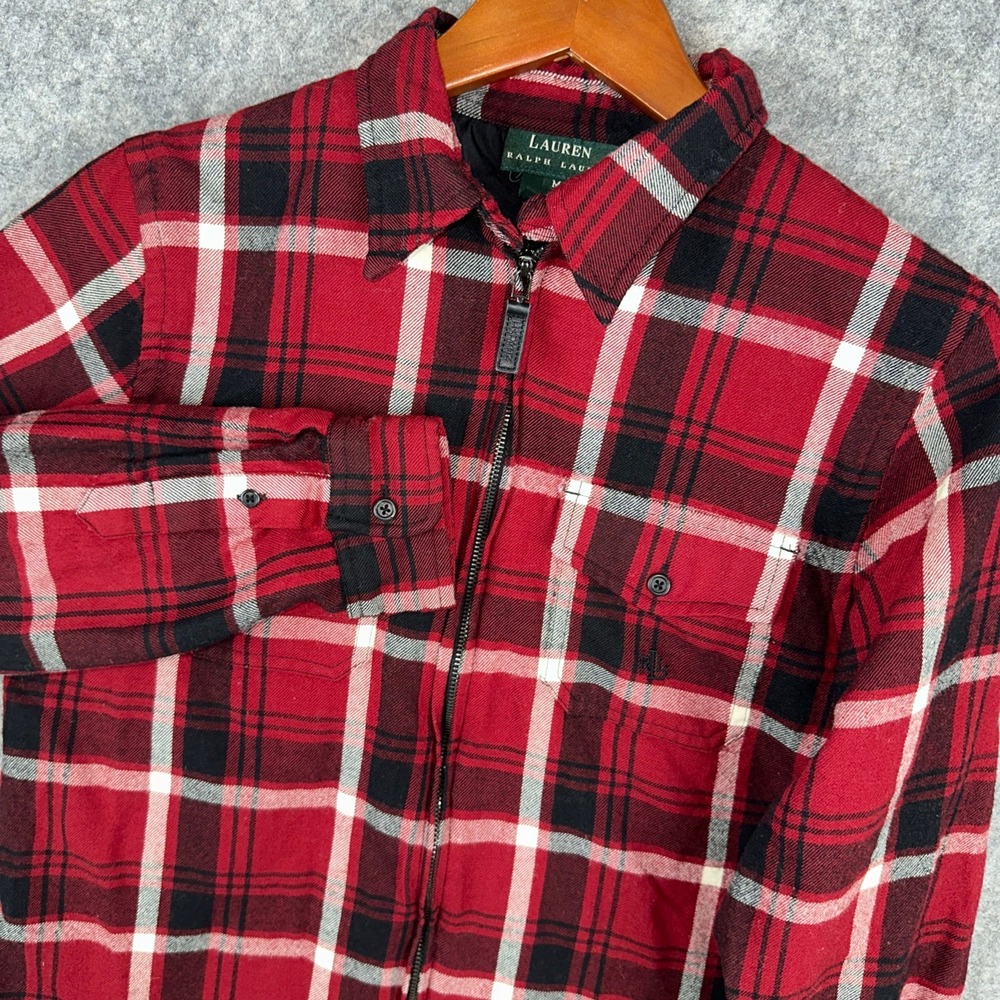 Lauren Ralph Lauren Shirt Jacket Women M Red Plaid Wool Zip Up Flannel Shacket